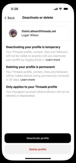 حذف پروفایل Threads بدون تاثیرگذاری اینستاگرام